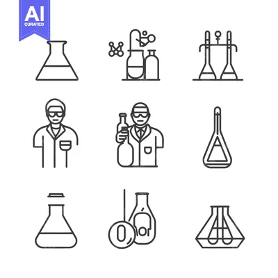Nine Line Drawings of Laboratory Equipment and a Scientist