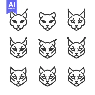 Aset desain premium: Nine Line Drawings of Lynx Heads with Different Ear and Face Detail Va