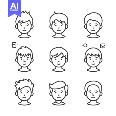 Aset premium populer: Nine Line Drawings of Male Faces with Different Hairstyles