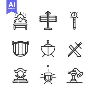 Aset desain premium: Nine Line Drawings of Medieval Weapons and Armor