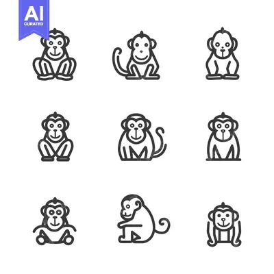 Aset desain premium: Nine Line Drawings of Monkeys in Different Poses