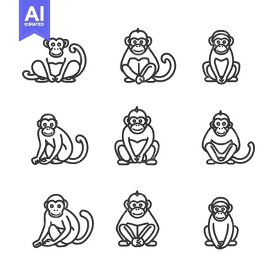 Aset premium populer: Nine Line Drawings of Monkeys Sitting in Various Poses