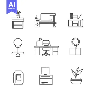 Aset premium populer: Nine Line Drawings of Office Furniture and Plants