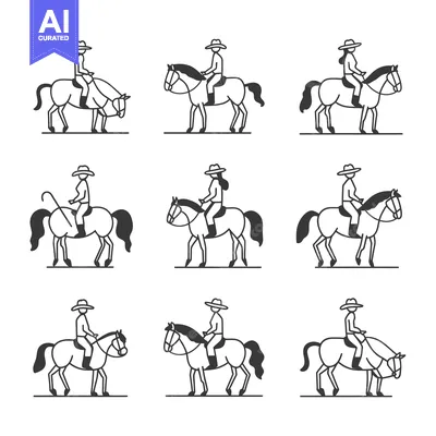 Nine Line Drawings of People Riding Horses