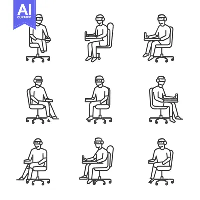 Nine Line Drawings of People Wearing VR Headsets While Sitting in Offi