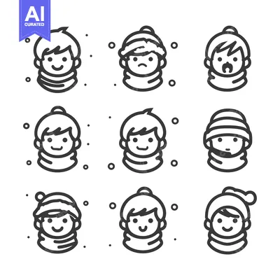 Nine Line Drawings of People Wearing Winter Hats and Scarves