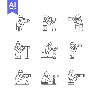 Aset desain premium: Nine Line Drawings of Photographers Taking Pictures