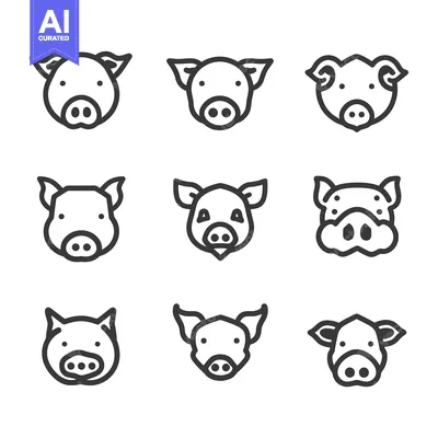 Aset desain premium: Nine Line Drawings of Pig Faces with Different Ear Shapes and Snout De