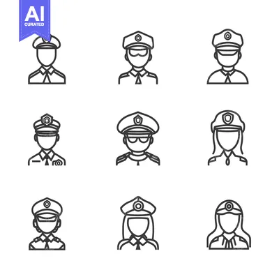 Premium design asset: Nine Line Drawings of Police Officers with Different Features