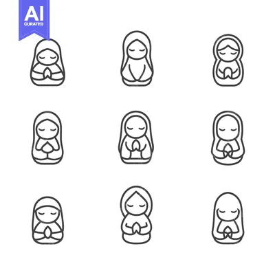 Nine Line Drawings of Praying Women in Various Poses