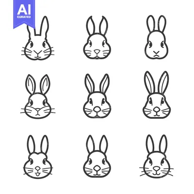 Aset premium populer: Nine Line Drawings of Rabbit Faces with Different Expressions
