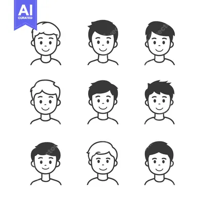 Aset premium populer: Nine Line Drawings of Smiling Boys with Different Hairstyles