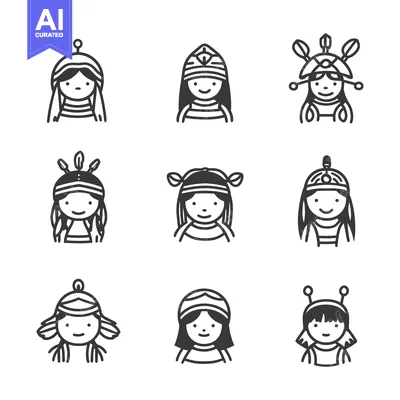Aset premium populer: Nine Line Drawings of Smiling Girls with Different Hats