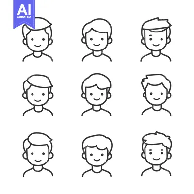Premium design asset: Nine Line Drawings of Smiling Male Faces with Different Hairstyles