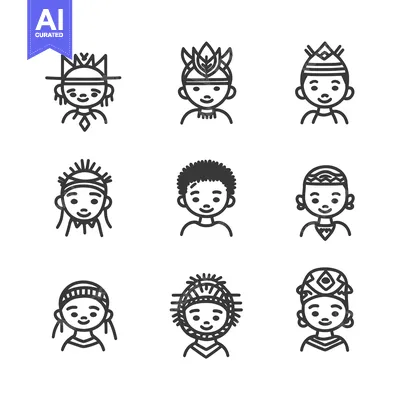 Aset premium populer: Nine Line Drawings of Smiling People Wearing Traditional Headwear