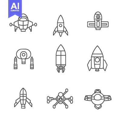 Nine Line Drawings of Spacecraft and Rockets