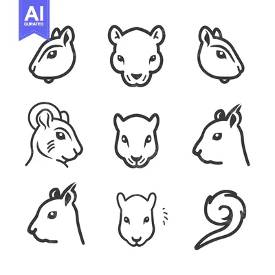 Nine Line Drawings of Squirrel Heads and a Tail