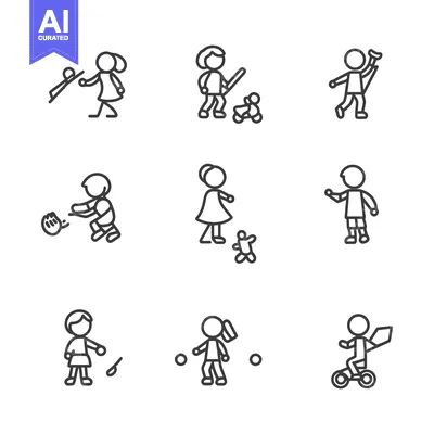 Nine Line Drawings of Stick Figures Playing Different Games