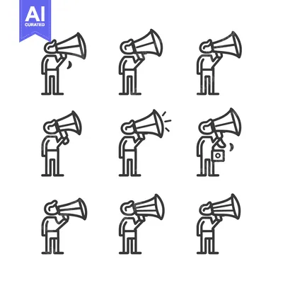 Aset desain premium: Nine Line Drawings of Stick Figures Using Megaphones
