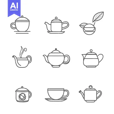 Nine Line Drawings of Teapots and Cups