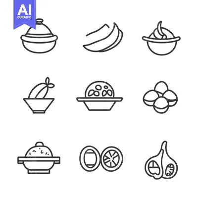 Nine Line Drawings of Various Food Items