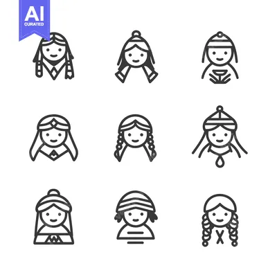 Aset premium populer: Nine Line Drawings of Women in Traditional Headwear