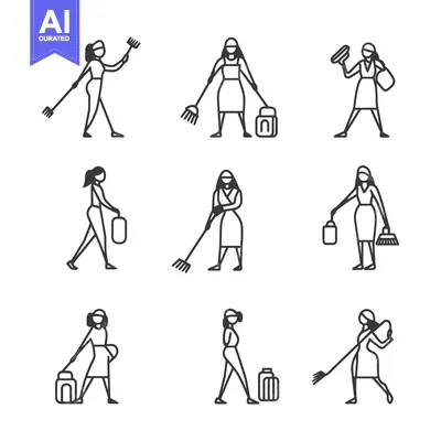 Popular premium asset: Nine Line Drawings of Women Performing Cleaning Tasks