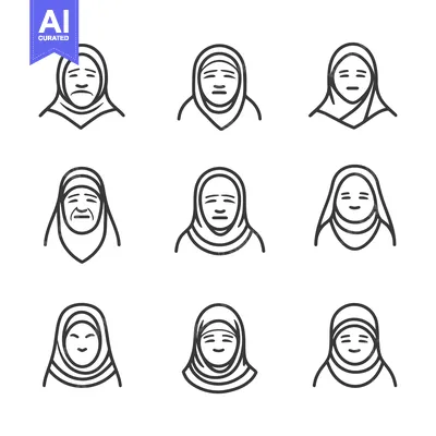 Aset desain premium: Nine Line Drawings of Women Wearing Headscarves with Different Express