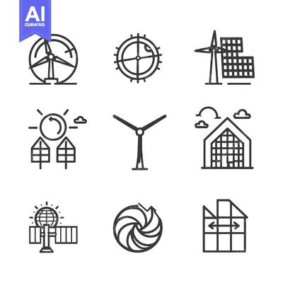 Nine Line Icons of Renewable Energy Sources and Technologies