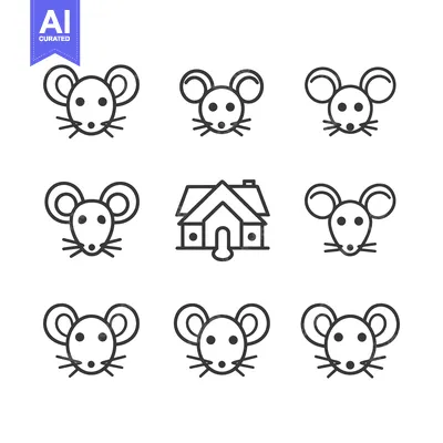 Aset premium populer: Nine Mouse Faces and a House Icon in Outline Style