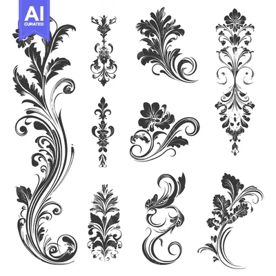 Aset premium populer: Nine Ornamental Floral Designs in Black and White