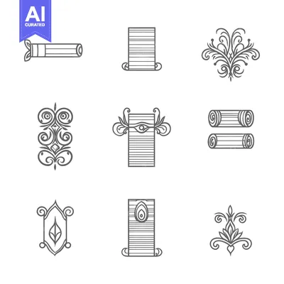 Nine Ornate Scrolls and Decorative Elements in Outline Style