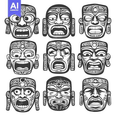 Premium design asset: Nine Ornate Tribal Masks with Geometric Patterns and Different Express