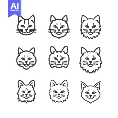 Aset premium populer: Nine Outline Drawings of Cat Faces with Varying Fur Styles