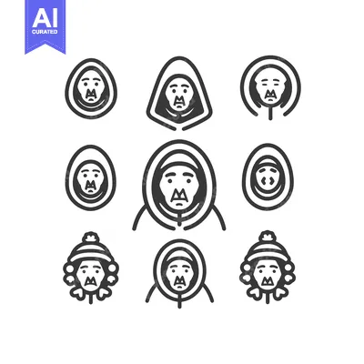 Nine Outline Drawings of Faces in Winter Gear