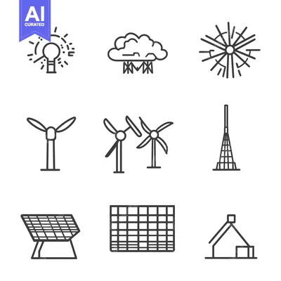 Aset premium populer: Nine Outline Icons Depicting Renewable Energy Sources