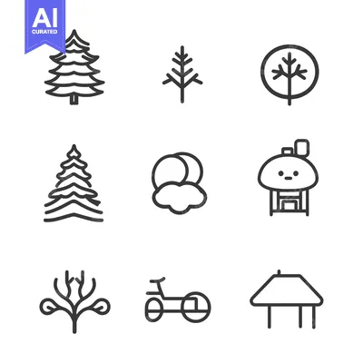 Aset premium populer: Nine Outline Icons Depicting Trees, Clouds, a House, a Bicycle, and a