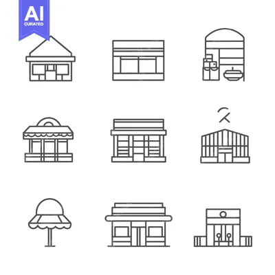 Aset premium populer: Nine Outline Icons of Different Shop Facades