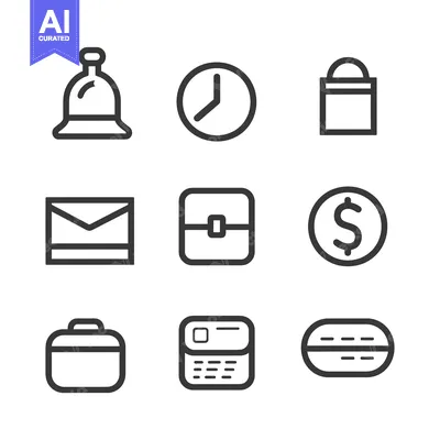 Nine Outline Icons of Objects Related to Time, Finance, and Communicat