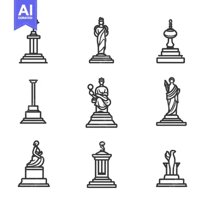 Nine Outline Illustrations of Ancient Statues and Monuments
