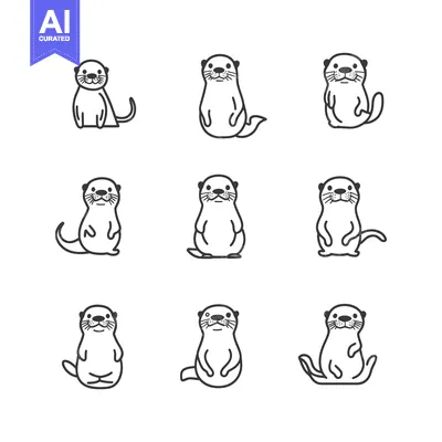 Aset premium populer: Nine Outline Illustrations of Otters in Different Poses