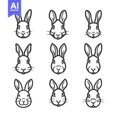Premium design asset: Nine Outline Illustrations of Rabbit Heads Facing Forward