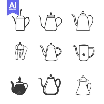 Aset desain premium: Nine Outline Illustrations of Teapots with Varying Styles and Designs