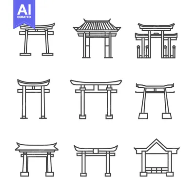 Aset desain premium: Nine Outline Illustrations of Traditional Japanese Torii Gates