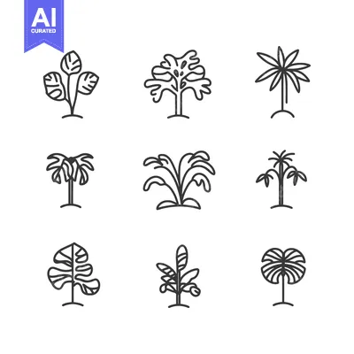 Aset desain premium: Nine Outline Illustrations of Various Trees