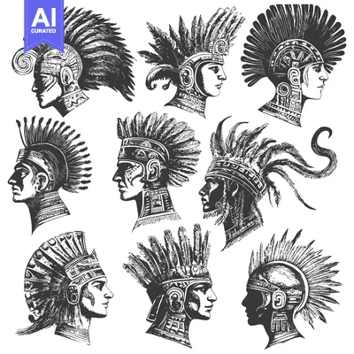 Aset desain premium: Nine Profiles of Indigenous People Wearing Elaborate Feather Headdress