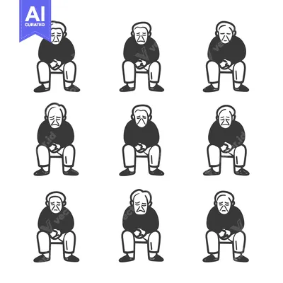 Aset desain premium: Nine Sad Elderly Men Sitting in a Row