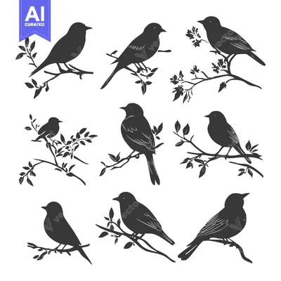 Nine Silhouette Birds Perched on Branches with Leaves