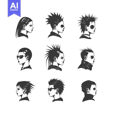 Aset premium populer: Nine Silhouette Portraits of People with Punk Hairstyles and Piercings