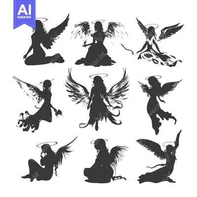 Nine Silhouettes of Angels with Wings and Halos